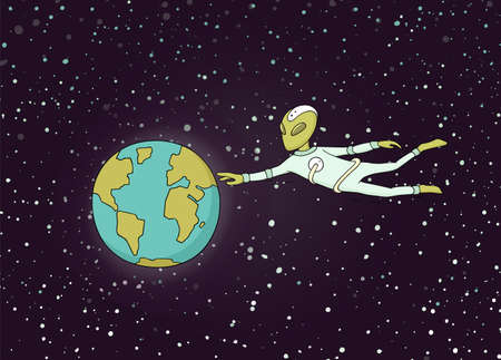 Sketch of planet and alien. Doodle cute scene about first contact. Hand drawn cartoon vector illustration for science design.のイラスト素材