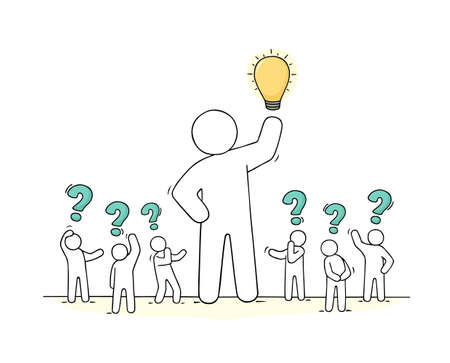 Sketch - crowd of working people with question sings and lamp idea. Doodle cute miniature teamwork find the right decision. Hand drawn cartoon vector illustration for business design.のイラスト素材