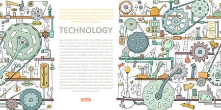 Machinery template with space for text. Doodle cartoon mechanism with people and cogwheels. Hand drawn vector illustration for business and industry design isolated on white.のイラスト素材