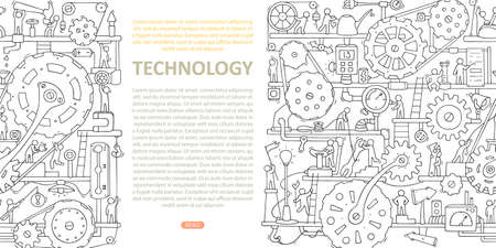 Machinery template with space for text. Doodle cartoon mechanism with people and cogwheels. Hand drawn vector illustration for business and industry design isolated on white.のイラスト素材