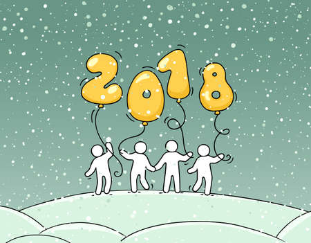 2018 Happy New Year background. Cartoon doodle illustration with liitle people holding balloons. Hand drawn winter vector for celebration.のイラスト素材