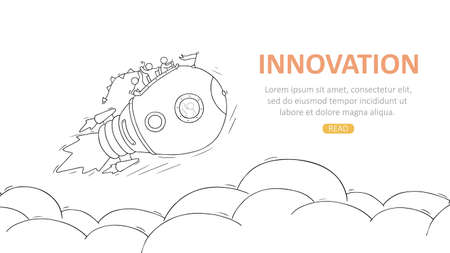 Business temblate with launch lightbulb. Doodle cute miniature scene about innovation. Hand drawn cartoon vector illustration.のイラスト素材