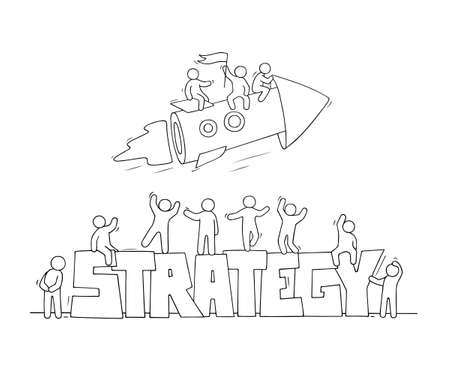 Sketch of little people with word Strategy and fly rocket. Doodle cute miniature scene about startup work. Hand drawn cartoon vector illustration.のイラスト素材