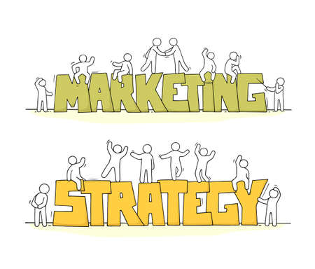 Sketch of little people with word Strategy, Marketing. Doodle cute miniature scene about work. Hand drawn cartoon vector illustration.のイラスト素材