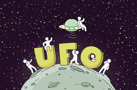 Sketch of little people with word UFO. Doodle cute miniature scene about cosmos. Hand drawn cartoon vector illustration.のイラスト素材
