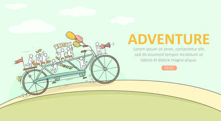 Sketch of little people ride on bicycle. Doodle cute miniature scene about transportation. Hand drawn cartoon vector illustration for vacation design.のイラスト素材