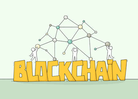 Sketch of little people with word Blockchain. Doodle cute miniature scene about new technology. Hand drawn cartoon vector illustration.のイラスト素材