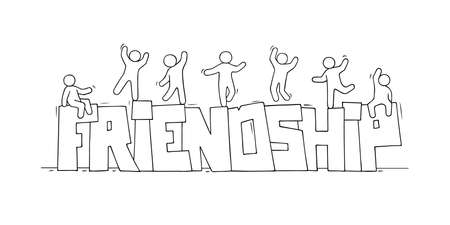 Sketch of little people with word Friendship. Doodle cute miniature scene about partnership. Hand drawn cartoon vector illustration.のイラスト素材
