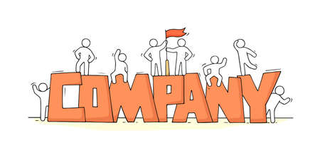 Sketch of little people with word Company. Doodle cute miniature scene about work. Hand drawn cartoon vector illustration.のイラスト素材