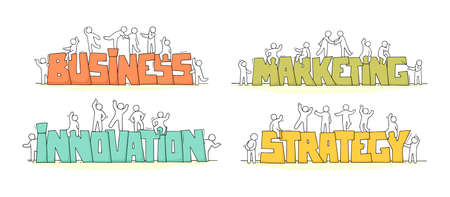 Sketch of little people with word Strategy, Marketing, Innovation, Business. Doodle cute miniature scene about work. Hand drawn cartoon vector illustration.のイラスト素材