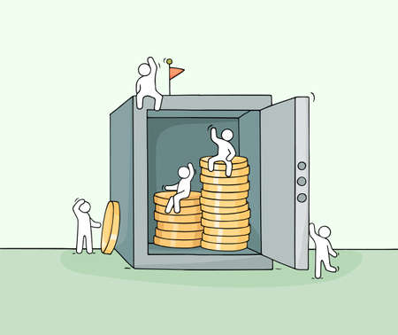 Cartoon little business people with safe. Doodle cute miniature scene of workers about money...