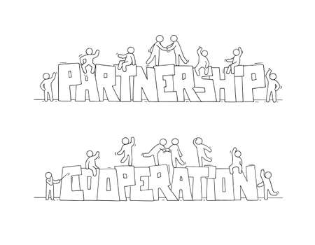 Sketch of little people with words Partnership and Cooperation. Doodle cute miniature scene about teamwork. Hand drawn cartoon vector illustration.のイラスト素材