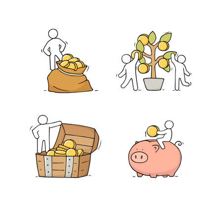 Sketch set with little people and coins. Doodle cute finance objects. Hand drawn cartoon vector illustration for business design.のイラスト素材