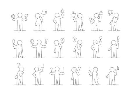 Cartoon working little people with thinking signs. Doodle cute miniature scene about communication. Hand drawn vector illustration for business and social design.のイラスト素材