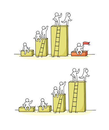 Cartoon diagramm with working little people. Doodle cute miniature teamwork. Hand drawn vector illustration for business design and infographic.のイラスト素材