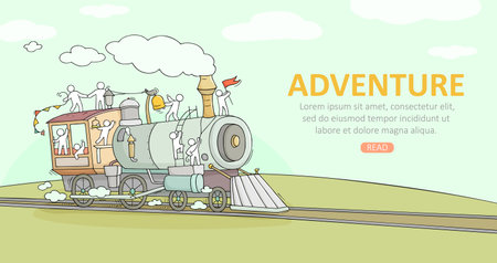 Sketch background with little people on train. Doodle cute miniature scene about transportation. Hand drawn cartoon vector illustration for vacation design.のイラスト素材