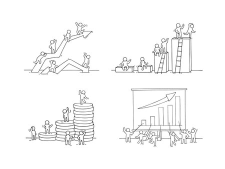 Cartoon diagram with working little people. Doodle cute miniature teamwork. Hand drawn vector illustration for business design and infographic.のイラスト素材