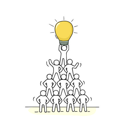 Sketch of pyramid with working little people. Doodle vector about creativity. Hand drawn cartoon vector illustration for business design and infographic.のイラスト素材