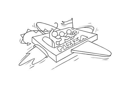 Sketch flying little people on pizza. Doodle cute miniature scene about fast delivery. Hand drawn cartoon vector illustration for food design.のイラスト素材