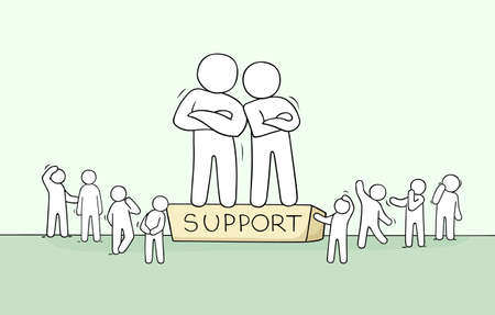 Sketch of people support. Doodle cartoon working men. Hand drawn vector illustration for business design.のイラスト素材