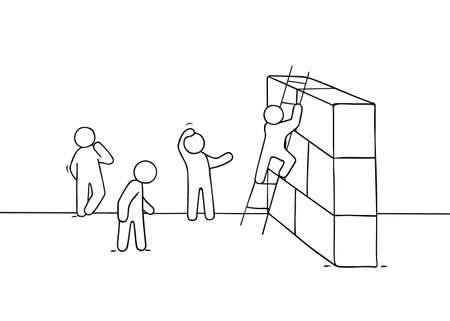 Sketch of little people with bariier. Doodle cartoon scene about overcoming the obstacle. Hand drawn vector illustration for business design.のイラスト素材