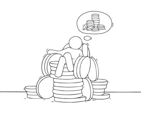 Sketch scene with big boss dreaming. Doodle miniature about power and wealth. Hand drawn cartoon vector illustration for business design.のイラスト素材