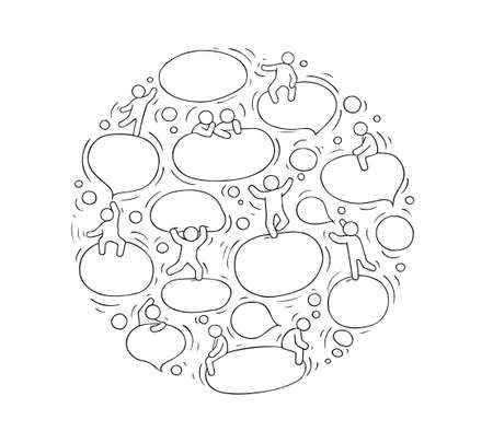 Cartoon circle illustration with speech bubbles. Comic hand drawn template with little people. Vector isolated on white background.のイラスト素材