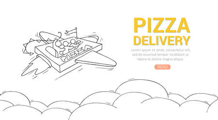 Sketch flying little people on pizza. Doodle cute miniature scene about fast delivery with space for text. Hand drawn cartoon vector illustration for food design.のイラスト素材