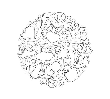 Cartoon circle illustration with lifestyle symbols. Comic hand drawn temlate with little people. Vector isolated on white background.のイラスト素材