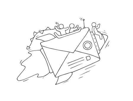 Sketch of working little people with flying envelope. Doodle cute miniature scene of workers. Hand drawn cartoon vector illustration for business design.のイラスト素材