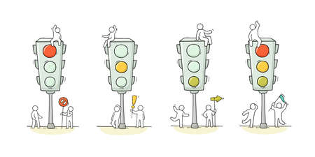 Cartoon set - men with traffic light. Doodle scene about road safety. Hand drawn vector illustration for warning design.のイラスト素材