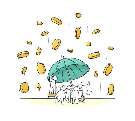 Sketch little people with falling coins and umbrella. Doodle cute scene with money. Hand drawn cartoon vector illustration for finance design.のイラスト素材
