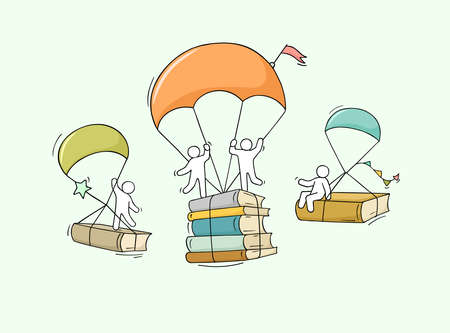 Sketch studing little people. Doodle cute miniature with parachute and books. Hand drawn cartoon vector illustration for education design.のイラスト素材