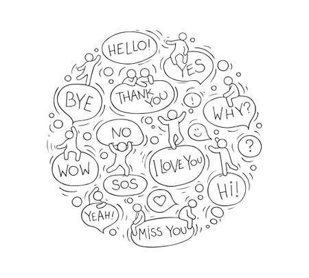 Cartoon circle illustration with speech bubbles. Comic hand drawn template with little people. Vector isolated on white background.のイラスト素材