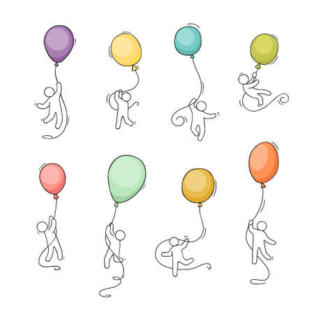 Cartoon little people with baloons. Comic hand drawn template with little people. Vector isolated on white background.のイラスト素材