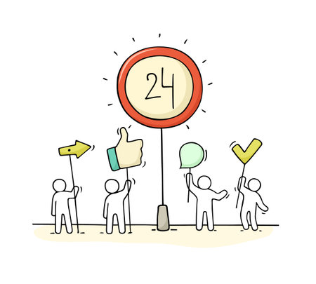 Sketch of people support. Doodle cartoon little men and signs. Hand drawn vector illustration for business design.のイラスト素材