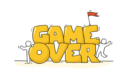 Sketch of little people with big words Game Over. Doodle cartoon men and finish concept. Hand drawn vector illustration for user design.のイラスト素材