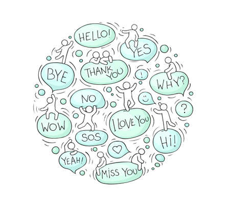 Cartoon circle illustration with speech bubbles. Comic hand drawn template with little people. Vector isolated on white background.のイラスト素材