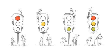Cartoon set - men with traffic light. Doodle scene about road safety. Hand drawn vector illustration for warning design.のイラスト素材