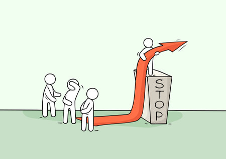 Sketch of little people with bariier. Doodle cartoon scene about overcoming the obstacle. Hand drawn vector illustration for business design.のイラスト素材