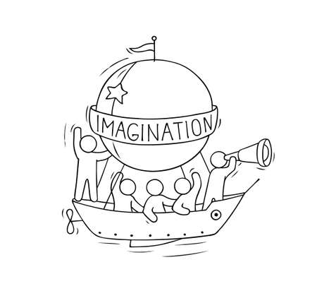 Sketch of little man fly on aerostat. Doodle cute miniature scene about adventure. Hand drawn cartoon vector illustration for vacation design.のイラスト素材