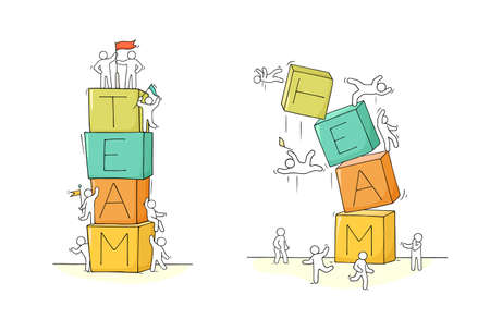 Cartoon little people with word Team. Hand drawn scene about cooperation. Vector isolated on white background.のイラスト素材