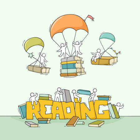 Sketch of little people with big word Reading. Doodle cute miniature scene about books. Hand drawn cartoon vector illustration for education design.のイラスト素材