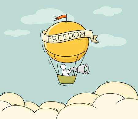 Sketch of little man fly on aerostat. Doodle cute miniature scene about transportation. Hand drawn cartoon vector illustration for vacation design.のイラスト素材