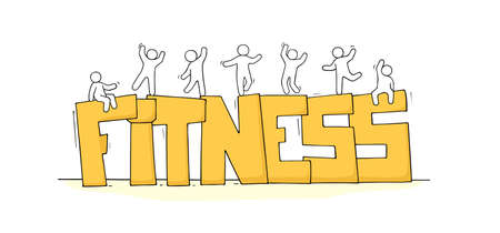 Sketch of little people with word Fitness. Doodle cute miniature scene about sport. Hand drawn cartoon vector illustration.のイラスト素材