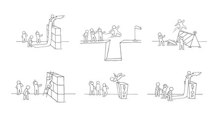 Sketch of little people with bariier. Doodle cartoon scene about overcoming the obstacle. Hand drawn vector illustration for business design.のイラスト素材