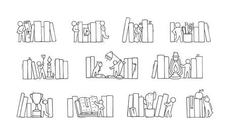 Set sketch of people and books, cooperation. Doodle cartoon scene with bookshelves. Hand drawn vector illustration for education design isolated on white.のイラスト素材