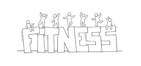 Sketch of little people with word Fitness. Doodle cute miniature scene about sport. Hand drawn cartoon vector illustration.のイラスト素材