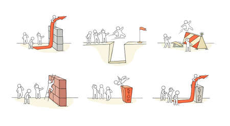 Sketch of little people with bariier. Doodle cartoon scene about overcoming the obstacle. Hand drawn vector illustration for business design.のイラスト素材