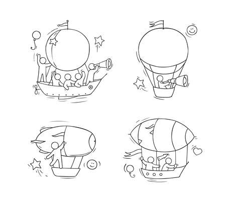 Sketch of little man fly on aerostats. Doodle cute miniature scenes about transportation. Hand drawn cartoon vector illustration for vacation design.のイラスト素材
